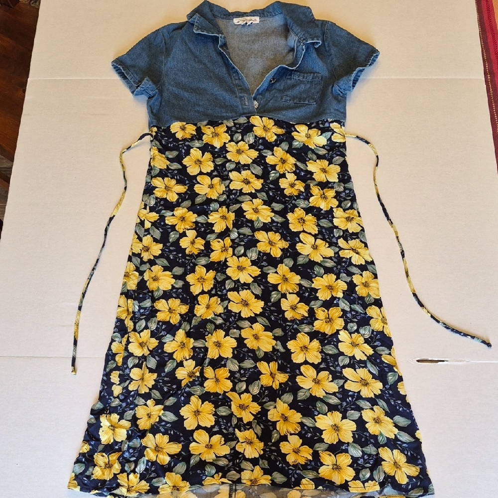 My Michelle Girls Size 12 Denim & Floral Mock Dress Butterfly Embroidered Blue